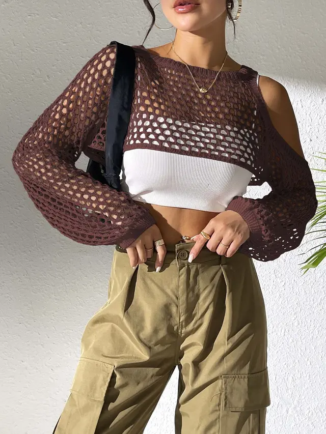 Sexy Navel Hollowed Leisure Mesh Shirt Coffee - Shop at LoveMi