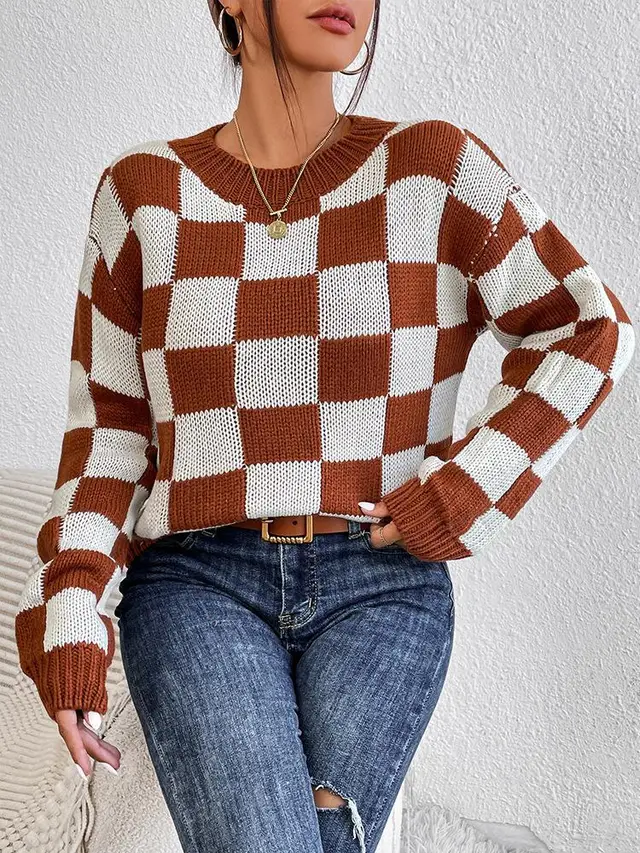 Color Matching Chessboard Plaid Loose Round Neck Pullover Long Sleeve Sweater Dark Brown - Shop at LoveMi