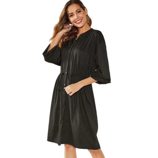 Elastic Cuffs Loose Elastic Belt Cinched Short Dress Black - Shop at LoveMi