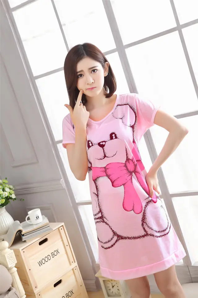 Summer Cotton Princess Short sleeved Nightdress Cartoon Knitted Cotton Pink - Shop at LoveMi