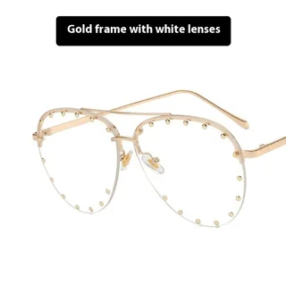 Women's Metal Rivet Large Frame Fashionable Sunglasses - Gold Frame Transparent Lens