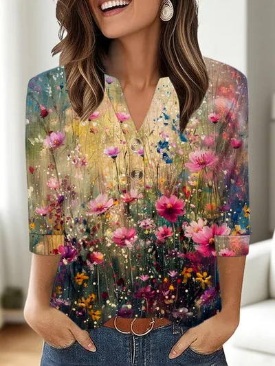 Casual Printed V neck Top T shirt Women's Clothing Xkkj01Tcfs4970 - Shop at LoveMi