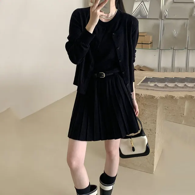 Age reducing Vest Skirt Long sleeved Cardigan Knitted Two piece Black - Shop at LoveMi