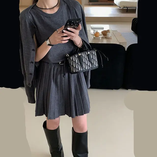 Age reducing Vest Skirt Long sleeved Cardigan Knitted Two piece Gray - Shop at LoveMi