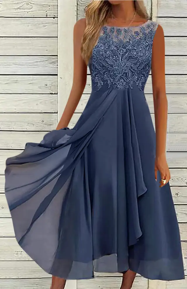 Women's Sleeveless Stitching Lace Hollow out Chiffon Dress Blue - Shop at LoveMi