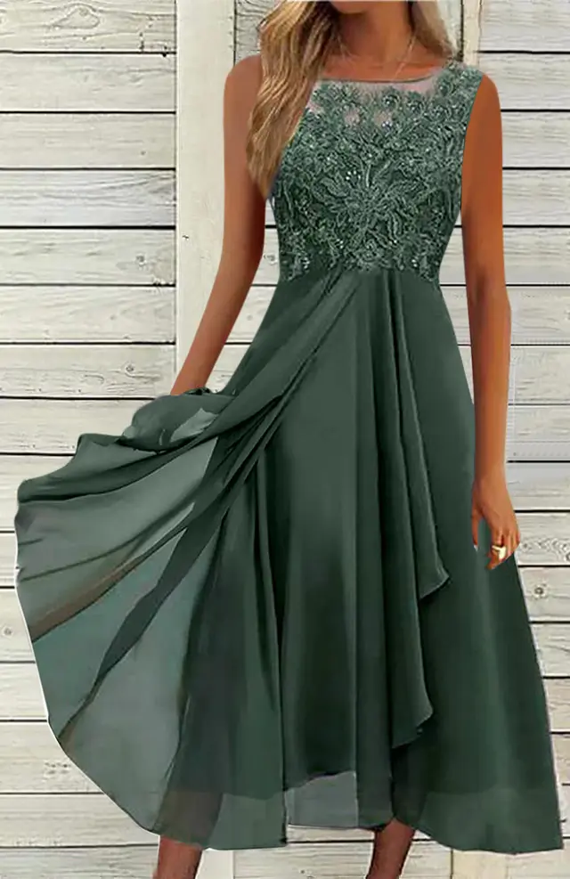 Women's Sleeveless Stitching Lace Hollow out Chiffon Dress Green - Shop at LoveMi