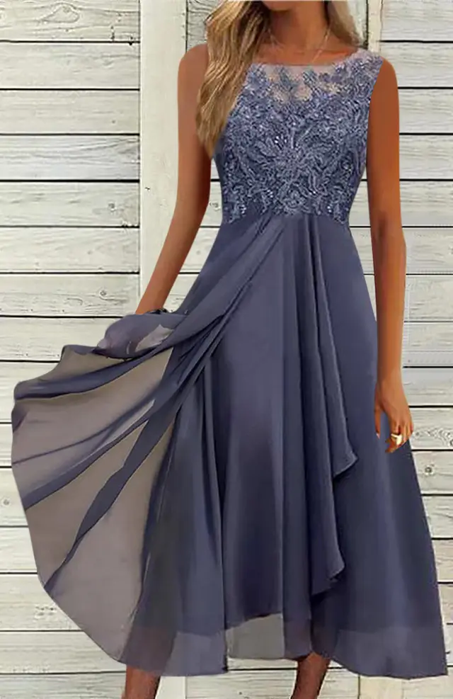 Women's Sleeveless Stitching Lace Hollow out Chiffon Dress Purple - Shop at LoveMi