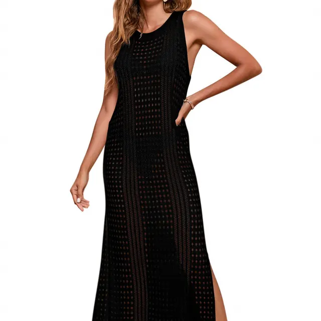 Long Loose Solid Color Beach Hollow out Knitted Blouse Black - Shop at LoveMi