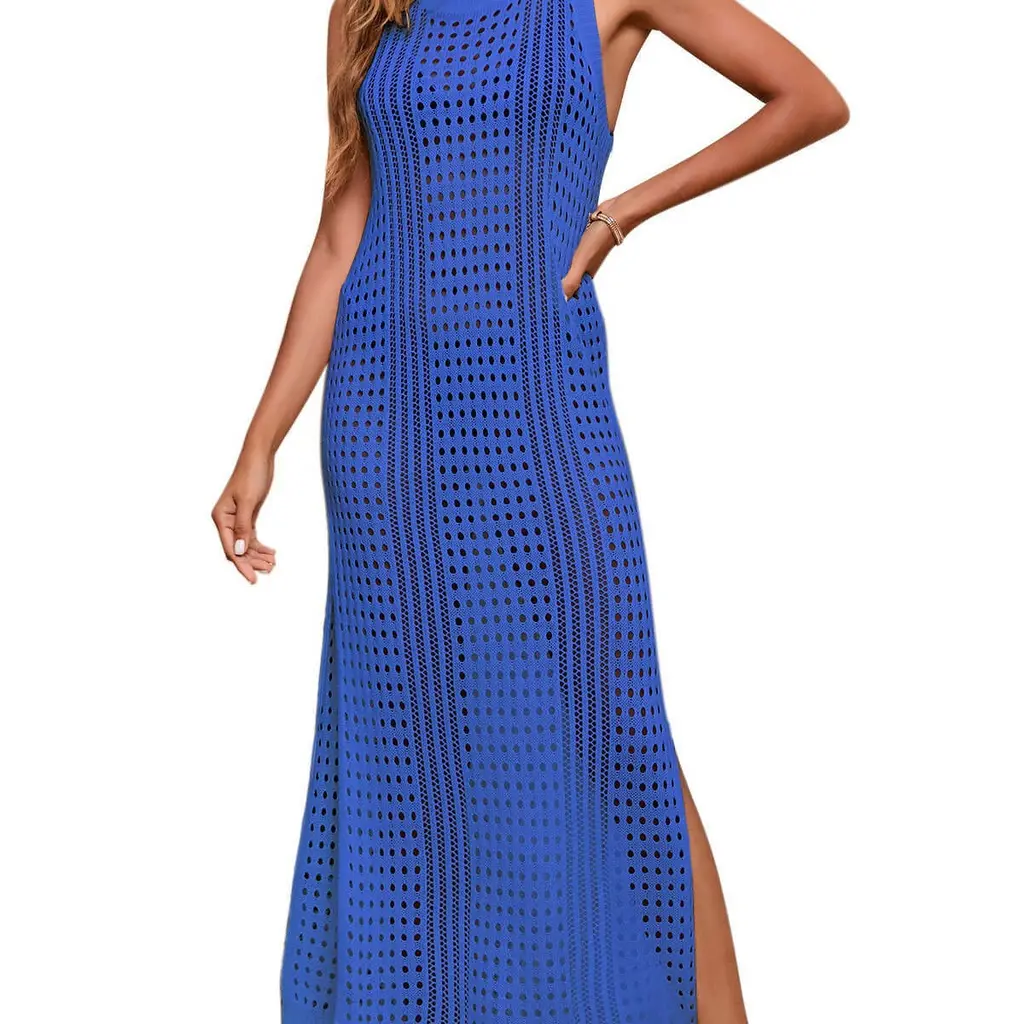 Long Loose Solid Color Beach Hollow-out Knitted Blouse - Sapphire Blue