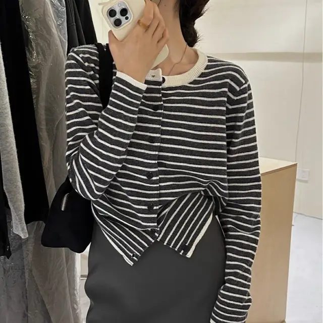 French Style Classic Style Striped Sweater Cardigan Coat For Women Dark Gray Pieces - Shop at LoveMi