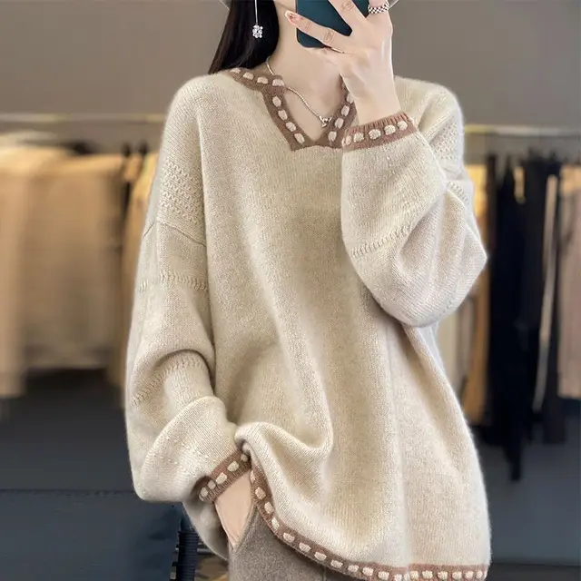 V neck Sweater Women's Fashionable Outer Wear Top Camel - Shop at LoveMi