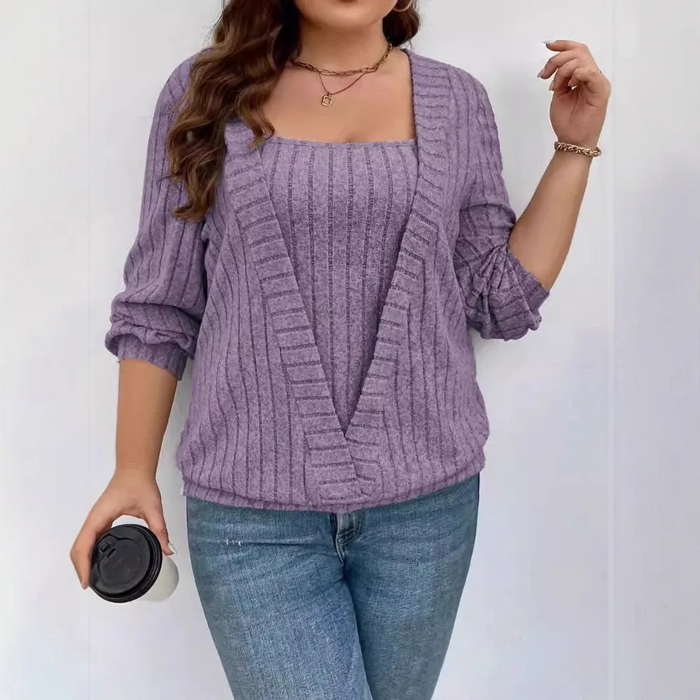Solid Color Rib Fabric V neck Long Sleeve False Two piece Suit Purple - Shop at LoveMi