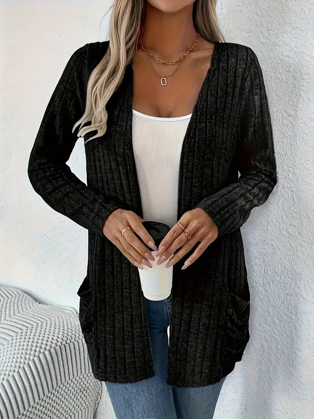 Solid Color Pocket Long Sleeve Bottoming Cardigan Knitwear Black - Shop at LoveMi