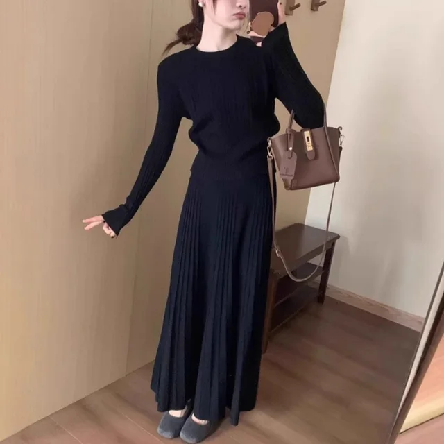 Gray Knitted Temperament Long Dress Suit Black - Shop at LoveMi