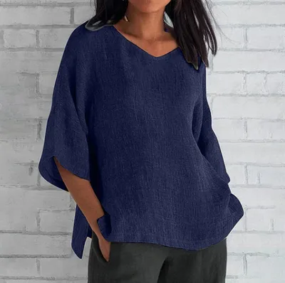 Loose V Neck Elegant Solid Color Mid Sleeve Linen T Shirt Navy Blue - Shop at LoveMi