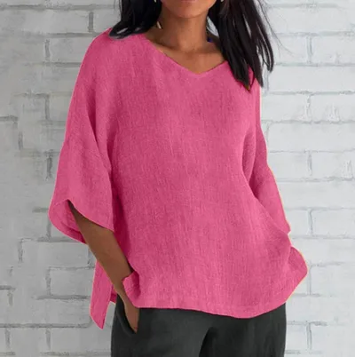 Loose V Neck Elegant Solid Color Mid Sleeve Linen T Shirt Pink - Shop at LoveMi