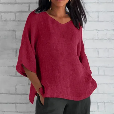Loose V Neck Elegant Solid Color Mid Sleeve Linen T Shirt Wine - Shop at LoveMi