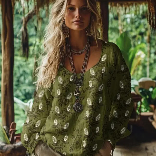 Women's Boho Matcha Floral Pattern Cotton & Linen Blouse Green - Shop at LoveMi