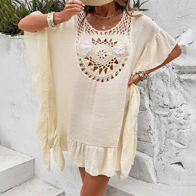 Beach Crochet Stitching Tassel Dress Swimsuit Apricot - Shop at LoveMi