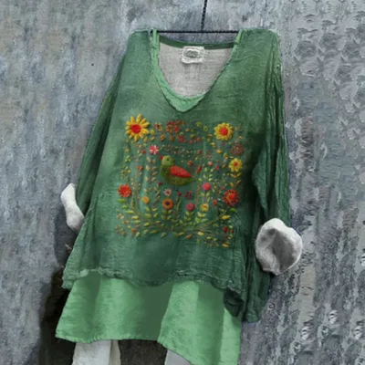 Women's Green Flower And Bird Embroidery Art Linen V neck Shirt Green - Shop at LoveMi