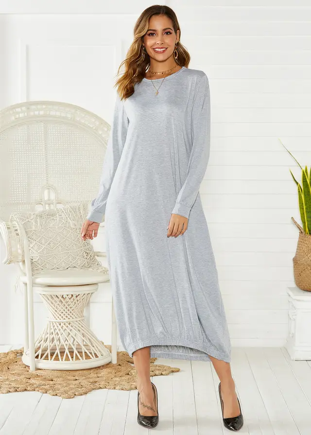 Lace up Crew Neck Loose Long Dress Gray - Shop at LoveMi