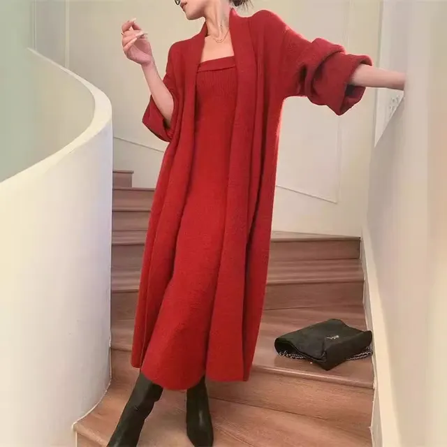 Women's Knitted Cardigan Dress Sweater Suit Wine Red - Shop at LoveMi