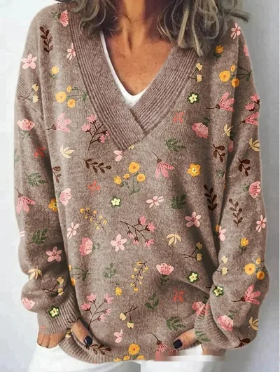 Floral Pattern Printed V neck Long Sleeve Casual Sweatshirt Xxs - Shop at LoveMi