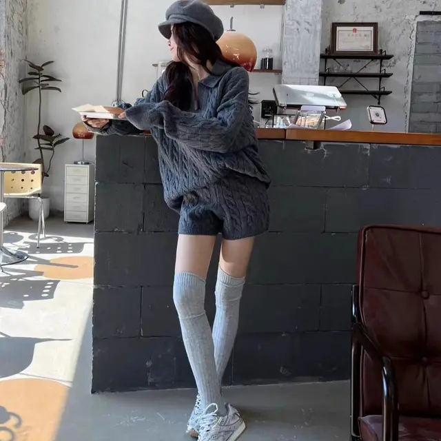 Fashionable Knitted Suit Binding Cable Knitwear Elastic Waist Knitted Shorts Gray - Shop at LoveMi