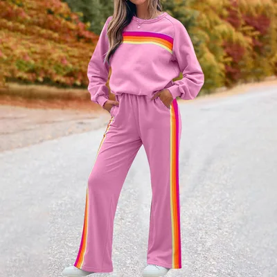 Fleece lined Thick Rainbow Sweater Suit Women Pink - Shop at LoveMi