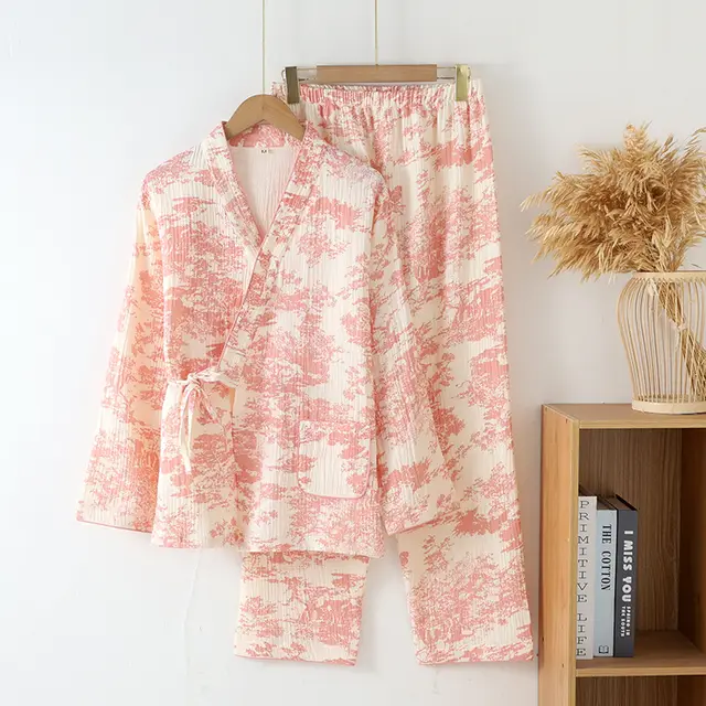 Pure Cotton Gauze Lace up Long Sleeve Trousers Elegant Cotton Homewear Suit Pink Frosted Pine Trees - Shop at LoveMi