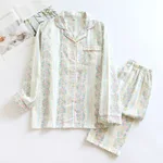 Japanese Sweet Ladies' Homewear Cotton Double-layer Gauze New Long-sleeved Trousers Two-piece Set - Color Stripes-L - View 1