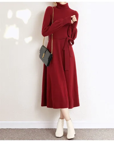 Turtleneck Knitwear Dress Loose Big Hem Mid length Sweater Skirt Red - Shop at LoveMi