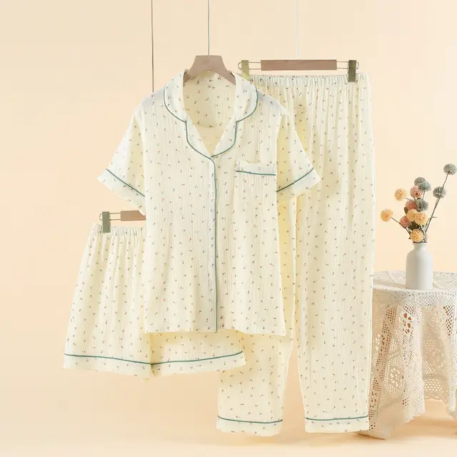 Pajamas Cotton Three piece Set Spring And Summer Thin Crepe Autumn Gauze Lapel Short Sleeve Pastoral Curcuma Aromatica - Shop at LoveMi