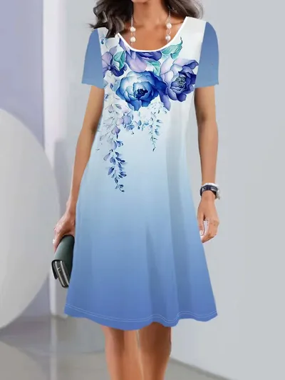 Spring And Summer Print Short Sleeve Round Neck Mid length Dress Element 6 4Xl - Shop at LoveMi