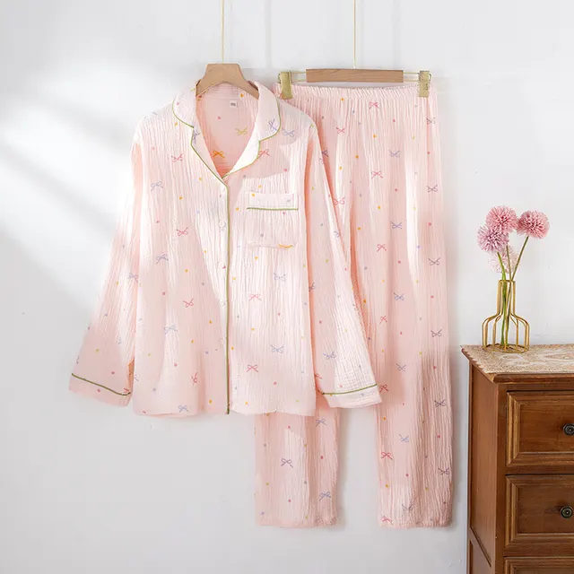 Women's Cotton Pajamas Crepe Cotton Cloth Thin Long sleeved Homewear Suit Pink - Shop at LoveMi