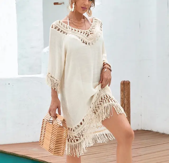 Women's Crocheted Knitted Patchwork Beach Dress Apricot - Shop at LoveMi