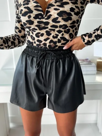 Drawstring Lace PU Leather Wide leg Casual Pants Shorts For Women Black - Shop at LoveMi