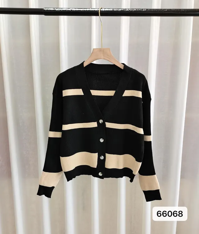 Fashion Striped Button Knitted Cardigan V neck Women Black Apricot - Shop at LoveMi