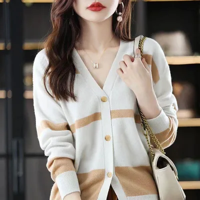 Fashion Striped Button Knitted Cardigan V neck Women Camel - Shop at LoveMi