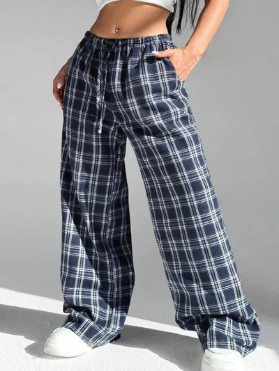 Women's Casual All match Loose Drawstring Plaid Pocket Trousers Blue - Shop at LoveMi