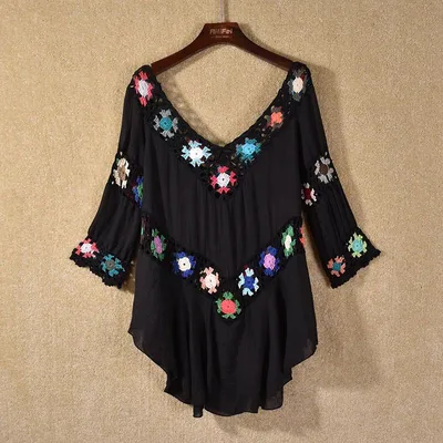 Product Boho Hollow Out Hand Crocheting Flower Bikini Loose Beach Cover up Black - Shop at LoveMi