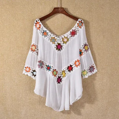 Product Boho Hollow Out Hand Crocheting Flower Bikini Loose Beach Cover up White - Shop at LoveMi