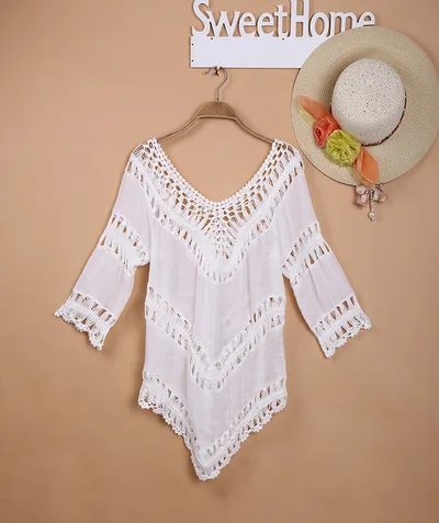 Crochet Knitted Stitching Cutout Blouse Skirt Swimsuit White - Shop at LoveMi