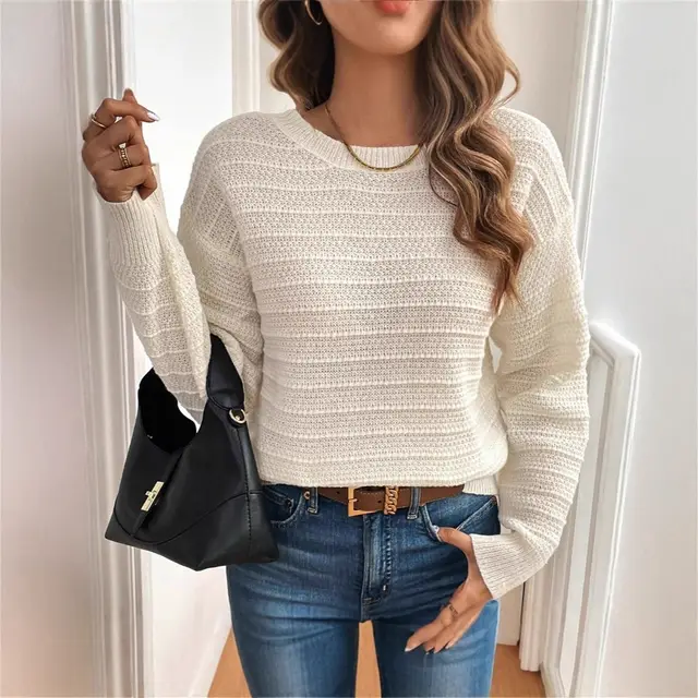 Round Neck Back Bow Design Gentle All match Sweater Milky White - Shop at LoveMi