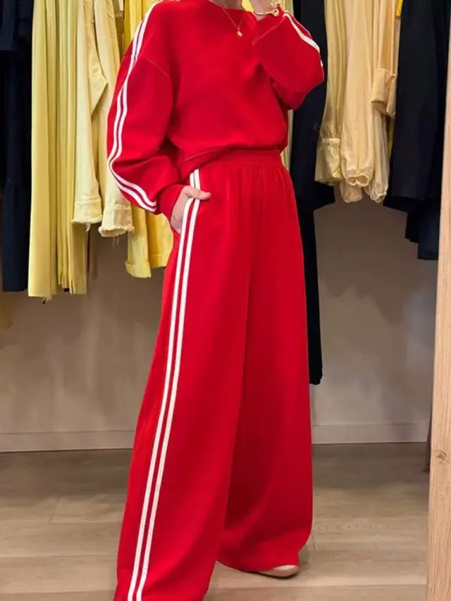 All match Side Striped Casual Suit Pocket Two piece Set Red - Shop at LoveMi