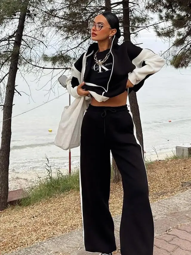 Casual Retro Contrast Color Long Sleeves Zipper Coat And Trousers Two piece Set Black - Shop at LoveMi