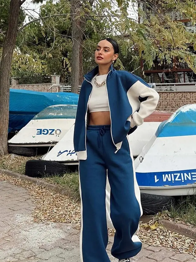 Casual Retro Contrast Color Long Sleeves Zipper Coat And Trousers Two piece Set Blue - Shop at LoveMi