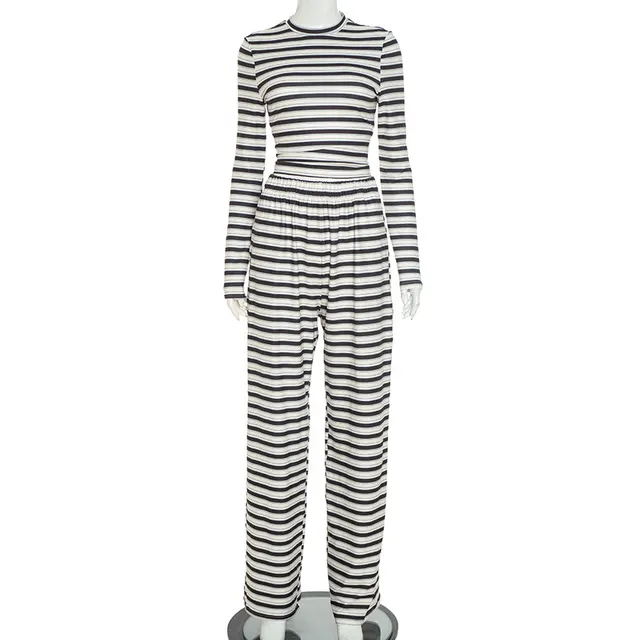 Round Neck Striped Long Sleeve Straight leg Trousers Suit Women White - Shop at LoveMi