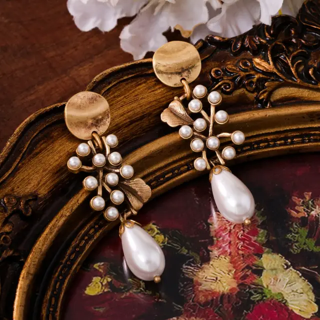Mid ancient Necklace Ginkgo Leaf Pearl Vintage Brushed Earrings - Shop at LoveMi
