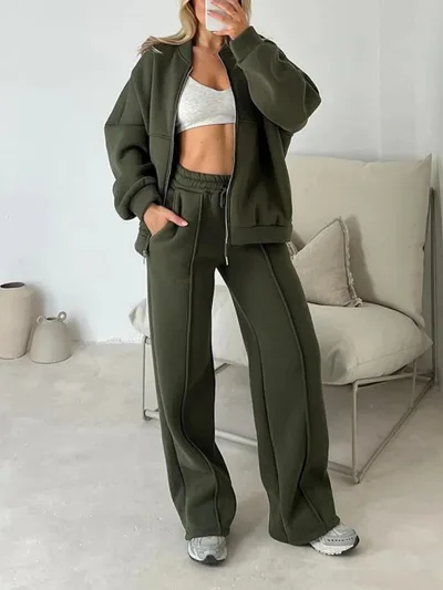 Fashion Casual Solid Color Long sleeved Sweater Zipper Trousers Two piece Set Army Green - Shop at LoveMi